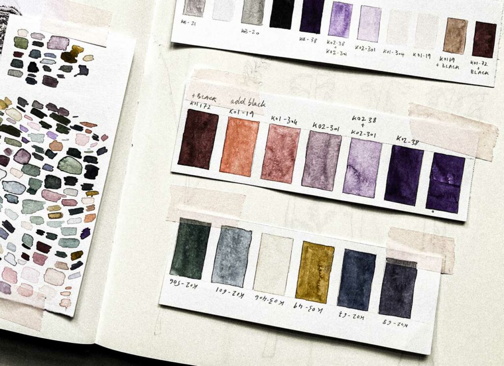 Details of the color palette in watercolor in a sketchbook with the name of each hue handwritten with pencil.