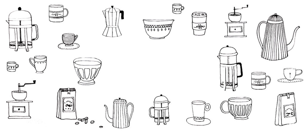 Illustration minimaliste au trait sur le thème du café tasses, cafetières, moulins, grains et bols.