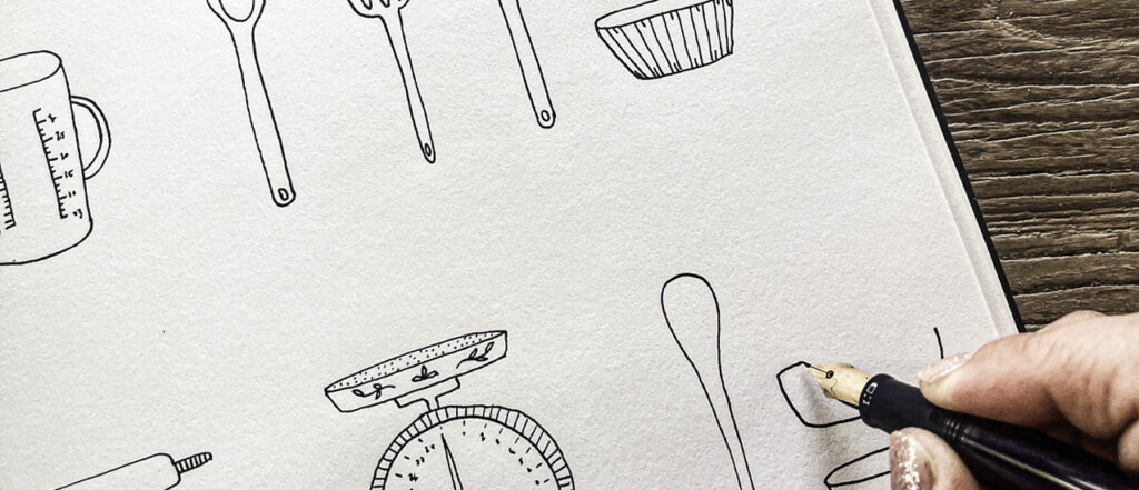 Sketching what you need to bake an apple pie.