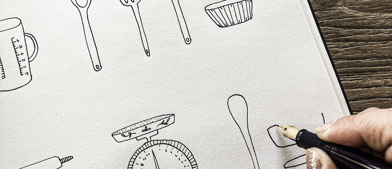 Sketching what you need to bake an apple pie.