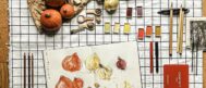 season’s offering: pumpkins,with ink, pastel, watercolor, crayon, turning earthy gourds into living poems