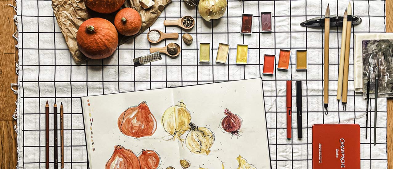 season’s offering: pumpkins,with ink, pastel, watercolor, crayon, turning earthy gourds into living poems
